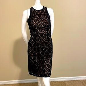 Vince Crew Neck Sleeveless Black Lace Nude Silk Lined Sheath Pencil Dress 2 EC